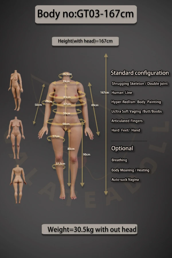 Silicone Sex Doll 167cm JS047 (Free Skin Pattern, Ultra Soft Vaging /Butt/Boobs, etc)